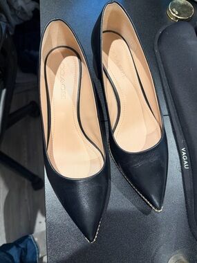 Coach Black Pointed-Toe Leather Flats with Gold Trim